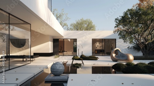 contemporary suburban house with sleek white stucco and minimalist landscaping, featuring an angular design and a tranquil courtyard with a modern sculpture and a reflecting pool