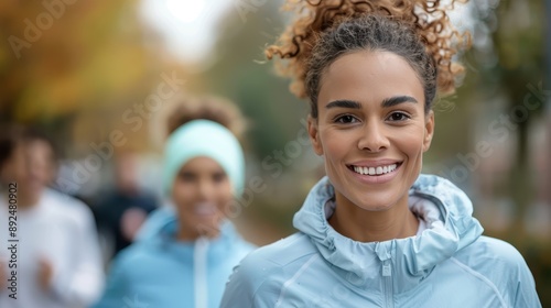 A woman in a light blue athletic outfit is jogging outdoors with a smile on her face. The image conveys positivity, energy, and the joy of an active lifestyle.