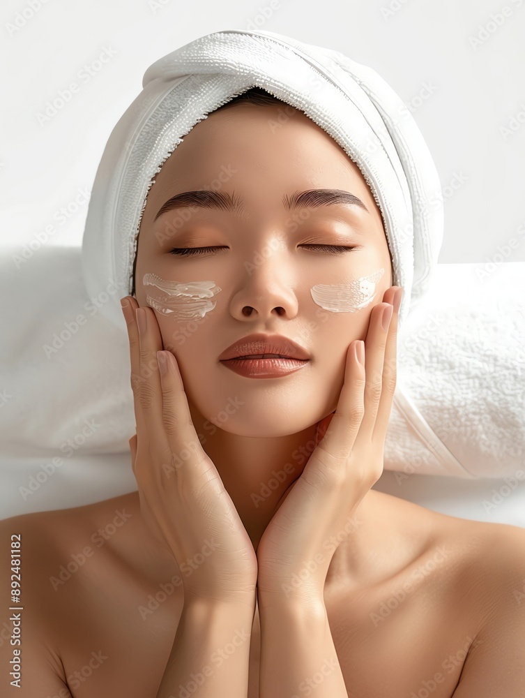 Beauty Thai woman with radiant skin, enjoying facial treatment, isolated on white background, designed for advertising Beauty Thai woman with radiant skin, enjoying facial treatment, isolated on white background, designed for advertising