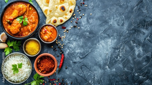 Spicy chicken tikka masala with rice and naan on rustic background Traditional Indian British cuisine Top view with space for text photo