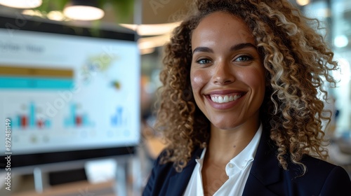 A professional woman with curly hair, wearing a white shirt and dark blazer, smiles confidently in a modern office with a digital presentation in the background. photo