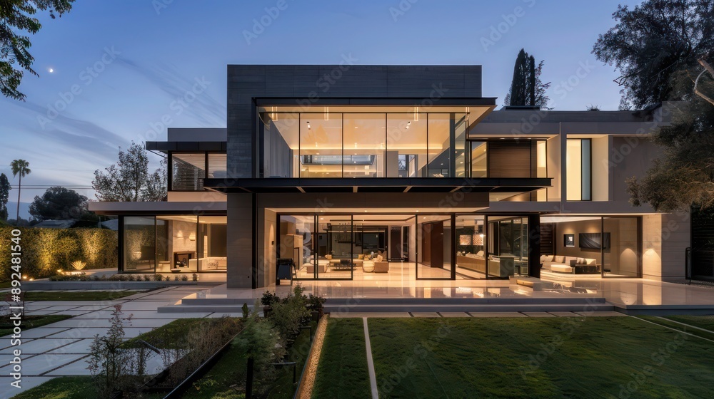 Fototapeta premium Suburban home showcasing a blend of glass and polished concrete, with an open front yard and minimalist decor