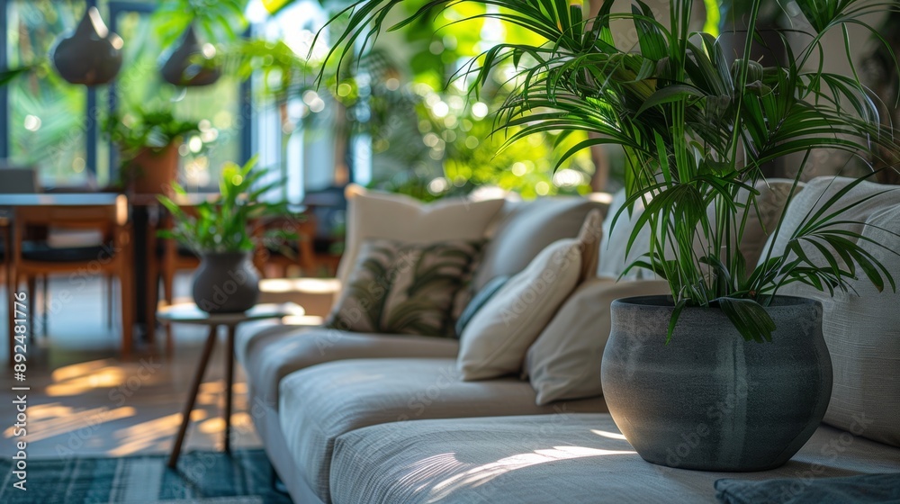 Fototapeta premium indoor plant decor, liven up your living room with strategically placed fresh green plants, introducing a natural touch and vibrant atmosphere