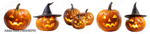 Halloween pumpkins set isolated on transparent white background, png. Halloween carved pumpkin lanterns with smiling faces and witch hats.
