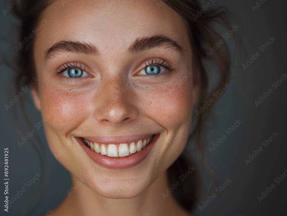 A close-up shot of a smiling woman with bright blue eyes, perfect for various uses such as advertising, marketing, or editorial purposes A close-up shot of a smiling woman with bright blue eyes, perfect for various uses such as advertising, marketing, or editorial purposes
