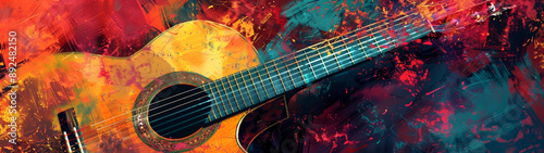 Abstract background illustration of a acoustic guitar with grunge noise and colorful texture. Music industry theme. Generative AI