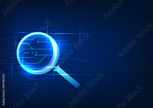 Technology, searching for information, magnifying glass looking at technology circuits Shows searching for information through a high-speed internet network, displaying cyber information.
