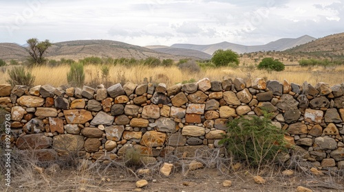 Image of mud and stone wall from historic kraal in landscape with space for text