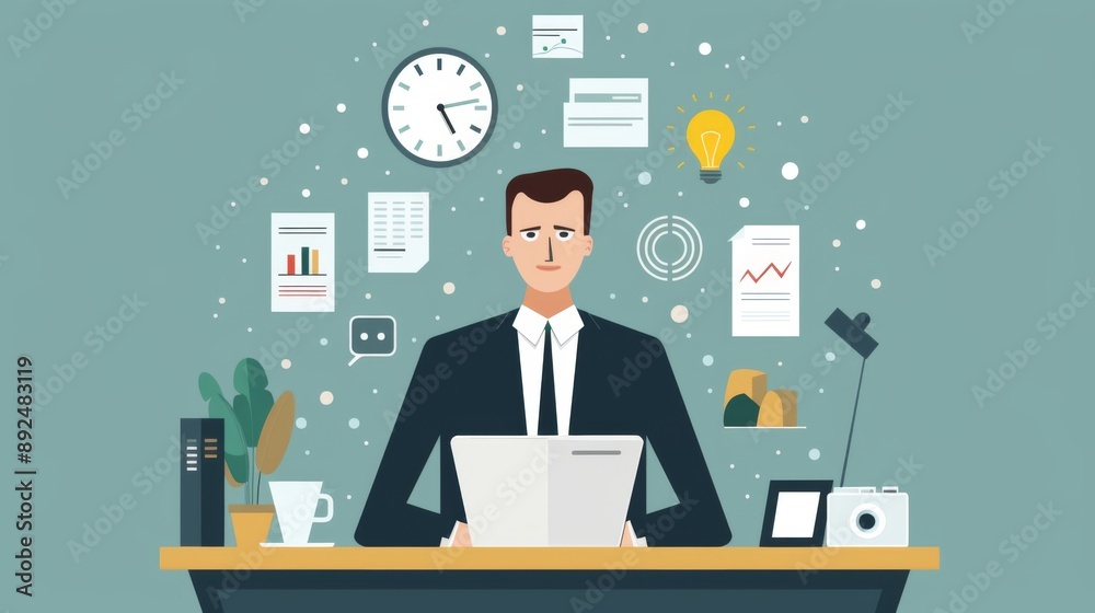 A businessman focused on his desktop computer, engaged in work with a determined expression A businessman focused on his desktop computer, engaged in work with a determined expression