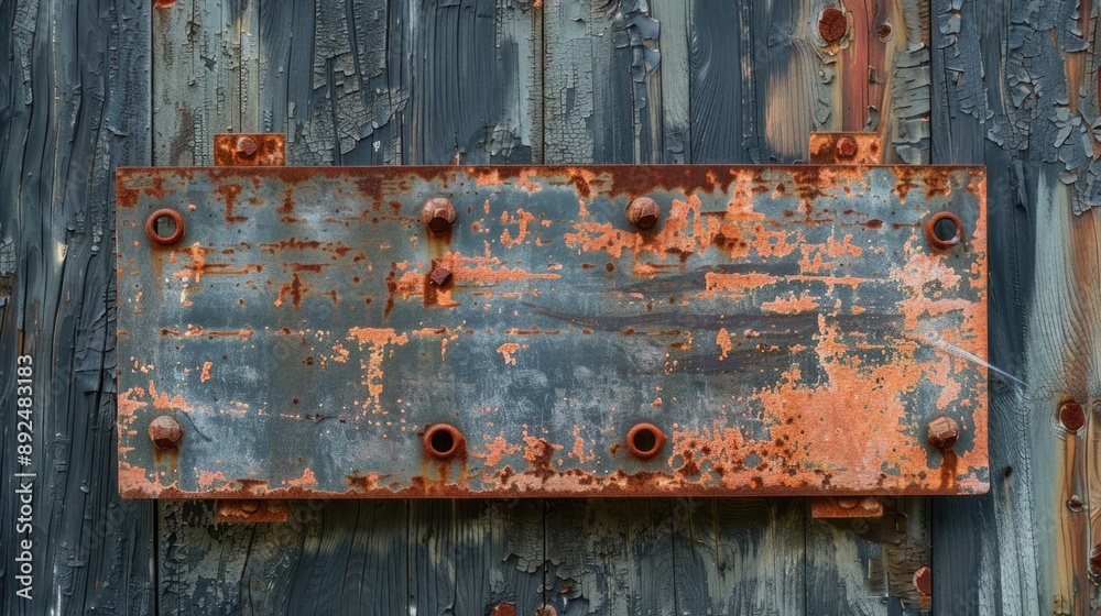 Old, weathered metal sign attached to a wooden wall with rusty nails Old, weathered metal sign attached to a wooden wall with rusty nails