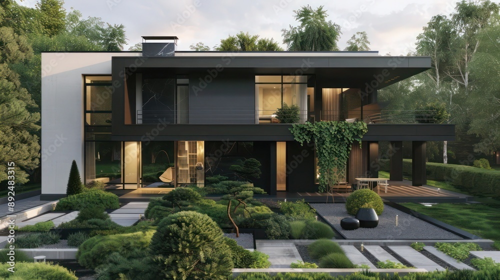 Suburban home with a minimalist design, featuring a black and white color scheme and a modern landscaping Suburban home with a minimalist design, featuring a black and white color scheme and a modern landscaping