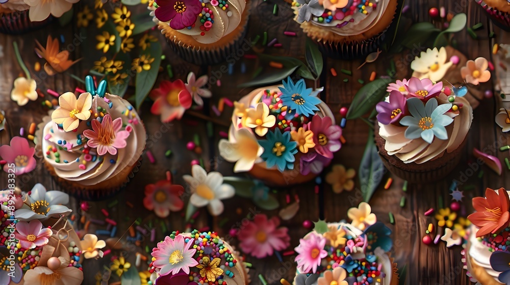 Fototapeta premium Enchanting Cupcakes Seamless Pattern with JewelToned Mirror Glaze and HandPiped Floral Garlands