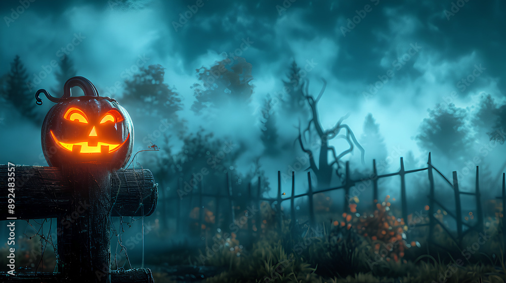 Naklejka premium 3D Halloween scene featuring pumpkin with misty somke and copy space for text.
