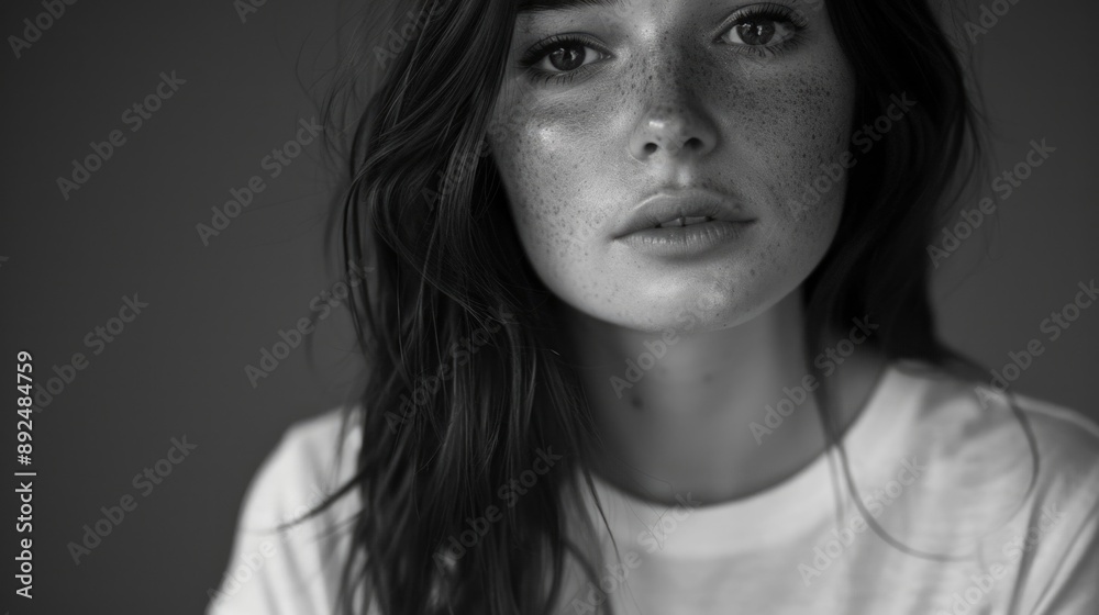 A portrait of a woman with freckles in black and white A portrait of a woman with freckles in black and white