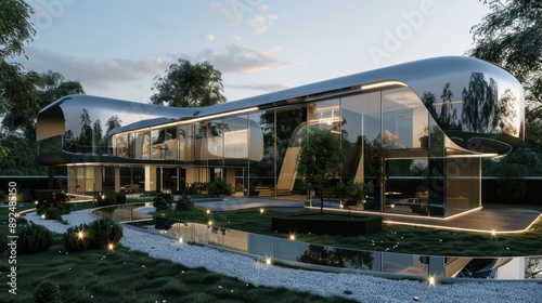 modern suburban home with a futuristic design, featuring a curvilinear structure and reflective glass surfaces, set in a landscaped yard with LED-lit pathways and minimalistic greenery