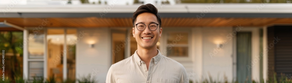 Smiling Asian couple unpacking car in driveway of sleek two-story house, manicured lawn, stylish architecture, springtime setting Smiling Asian couple unpacking car in driveway of sleek two-story house, manicured lawn, stylish architecture, springtime setting