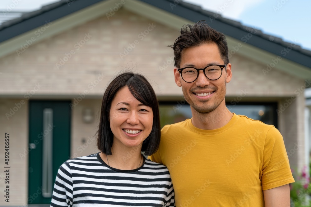 First-time homeowners standing in front of a sleek modern house, blending contemporary design with cultural heritage elements, lush garden surroundings, smiles of joy First-time homeowners standing in front of a sleek modern house, blending contemporary design with cultural heritage elements, lush garden surroundings, smiles of joy