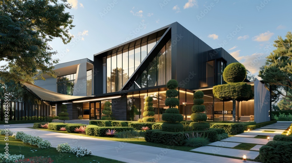 modern suburban home with a striking angular design, featuring a fa? section ade of glass and steel, and a meticulously landscaped garden with sculpted topiaries modern suburban home with a striking angular design, featuring a fa? section ade of glass and steel, and a meticulously landscaped garden with sculpted topiaries
