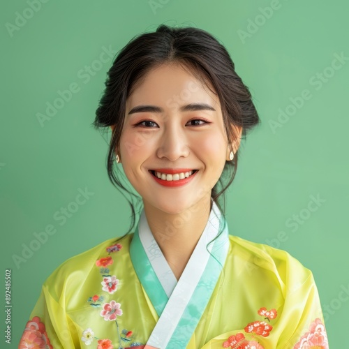 Portrait of Joyful Korean Woman. Embracing Heritage and Culture through Colorful Traditional Attire, Showcasing the Richness and Vibrancy of Korea National Costume photo