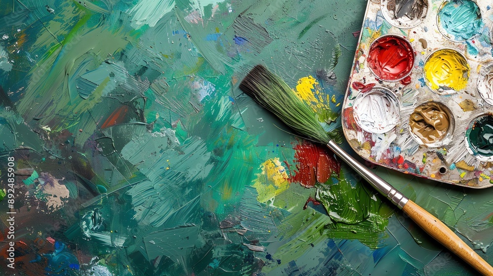 Fototapeta premium Oil paints in various colors on a palette with a paintbrush.