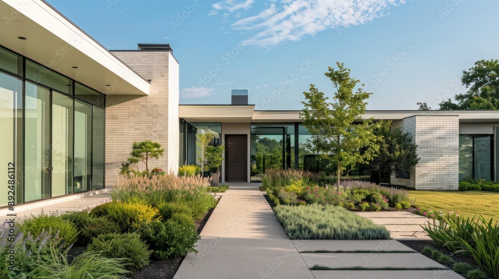 Suburban home with a minimalist aesthetic, featuring a neutral color palette and a welcoming pathway Suburban home with a minimalist aesthetic, featuring a neutral color palette and a welcoming pathway