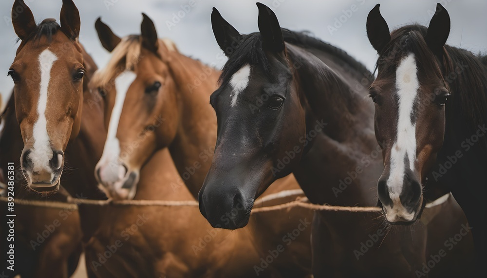 Fototapeta premium Horses in a line on a white background