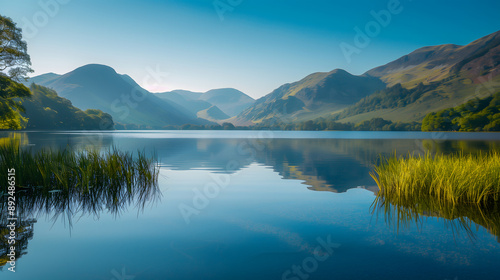 A serene lake reflection, perfect symmetry, mountain backdrop,