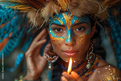 A woman with a vibrant face paint holding a lit candle. photo