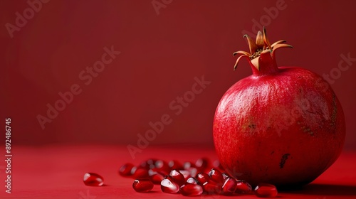 A beautiful pomegranate on a red background. The pomegranate is perfectly ripe and juicy, with bright red seeds. photo