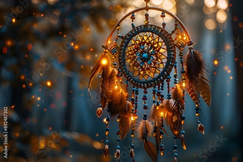 A dream catcher hanging from a tree branch in a lush forest setting. photo