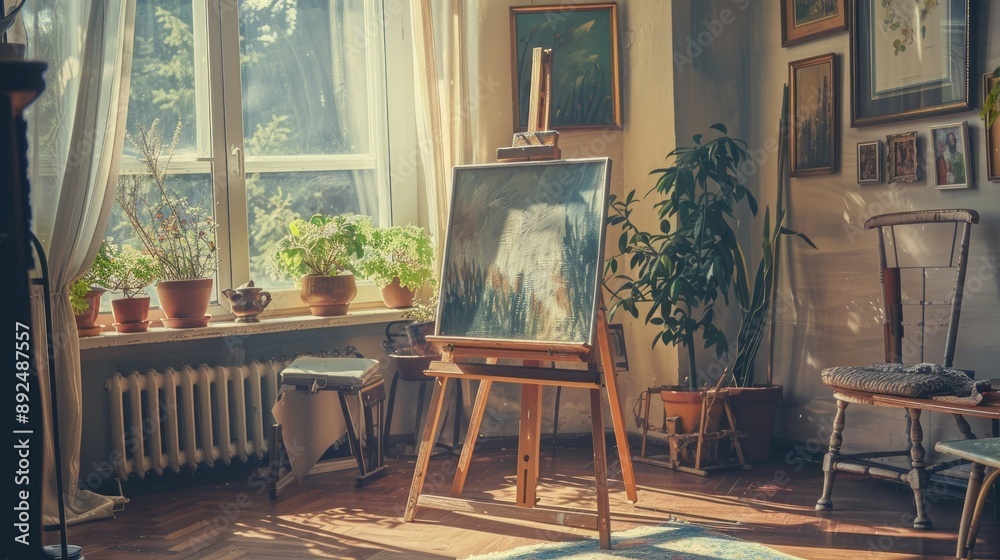 Obraz premium A beautiful artwork displayed on an easel with natural light streaming through a window