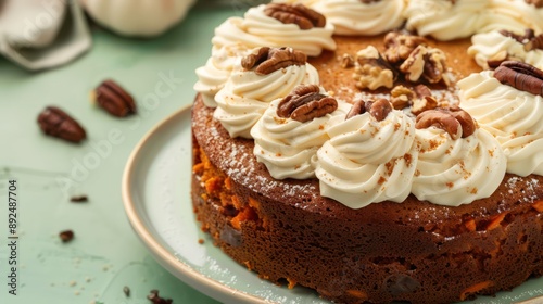 earthy carrot and walnut cake topped with cream cheese frosting, isolated on a soft sage green background