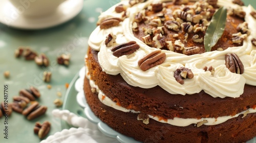 earthy carrot and walnut cake topped with cream cheese frosting, isolated on a soft sage green background