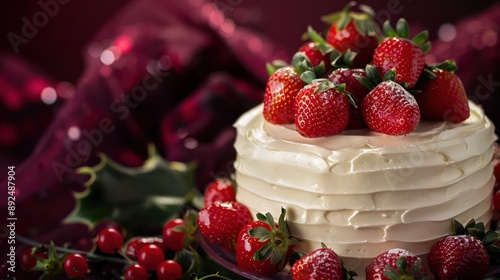 elegant champagne and strawberries cake, luxurious and festive, set against a deep burgundy backdrop