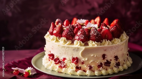 elegant champagne and strawberries cake, luxurious and festive, set against a deep burgundy backdrop