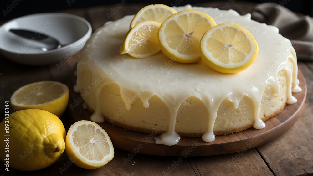 an image of a single perfectly frosted lemon cake on a background an image of a single perfectly frosted lemon cake on a background
