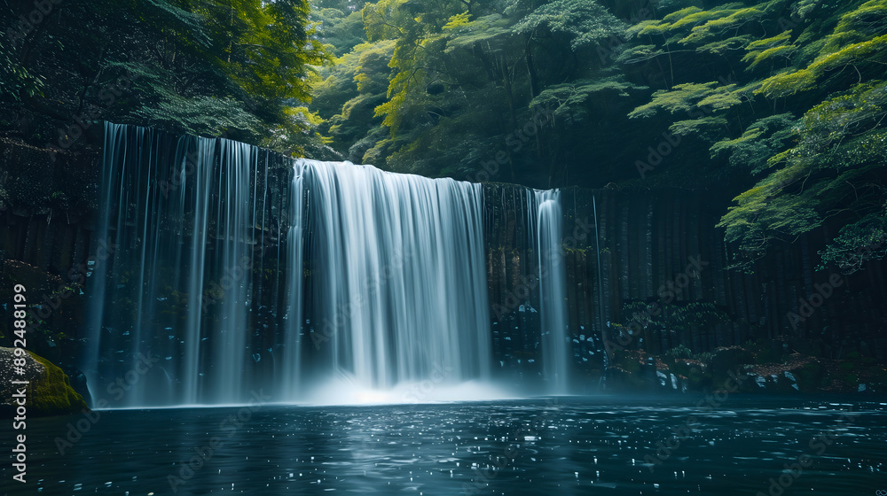 A pristine waterfall in dense forest, long exposure effect, A pristine waterfall in dense forest, long exposure effect,