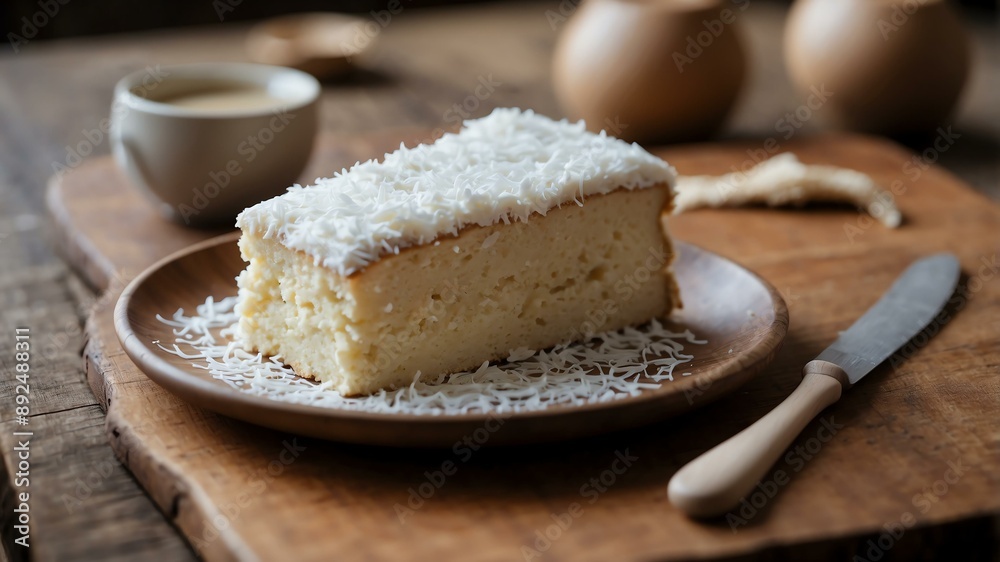 an image of a single perfectly frosted coconut cake on background an image of a single perfectly frosted coconut cake on background