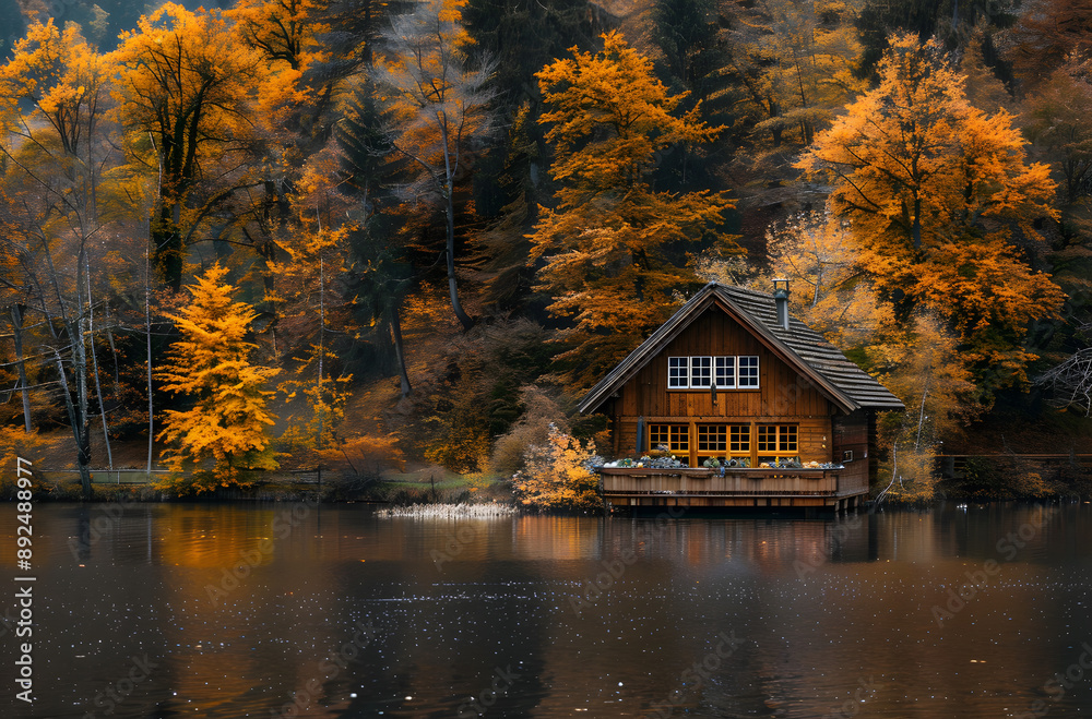 Fototapeta premium Autumn Cabin by the Lake