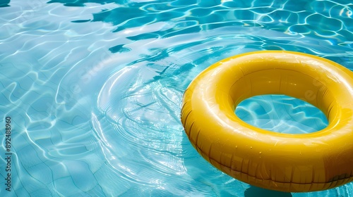 Close up of a yellow inflatable Ring floating on Pool Water. Colorful Summer Background