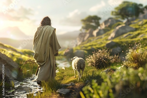 Jesus beside a sheep, depicted as the Good Shepherd. Perfect for themes of faith, care, and divine guidance photo