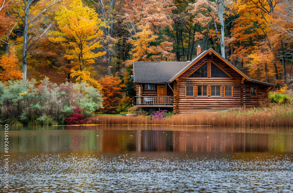 Fototapeta premium Autumn Cabin by the Lake