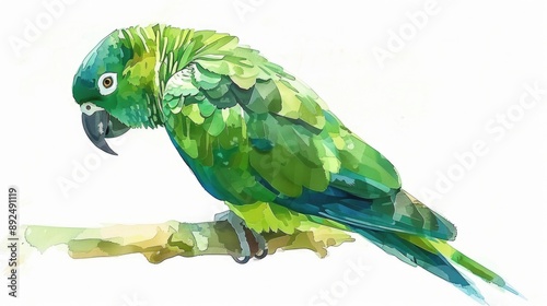 A colorful illustration of a green parrot perched on a branch, ready to take flight photo