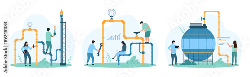 Gas station inspection, engineering set. Tiny people control gas flow and storage with chart and settings, engineers check safety of container, pipe and valve for leaks cartoon vector illustration