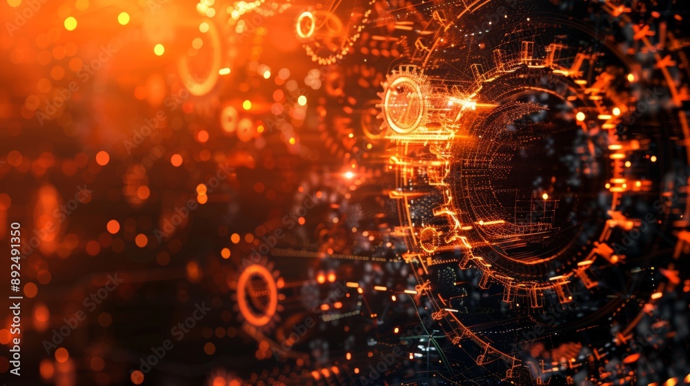 Obraz premium Orange and blue abstract mechanical gears background with digital elements. Perfect for engineering, technology, and industrial themes.