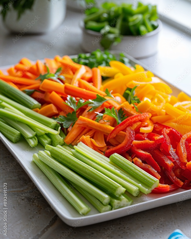 a platter of vegetables including carrots, celery, and bell peppers a platter of vegetables including carrots, celery, and bell peppers