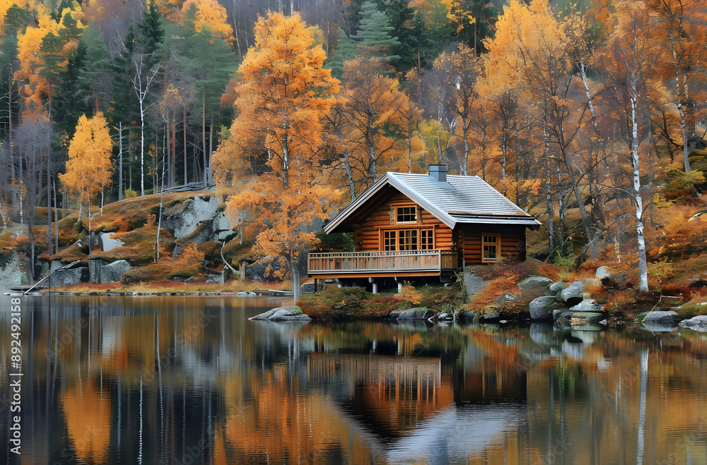 Autumn Cabin by the Lake