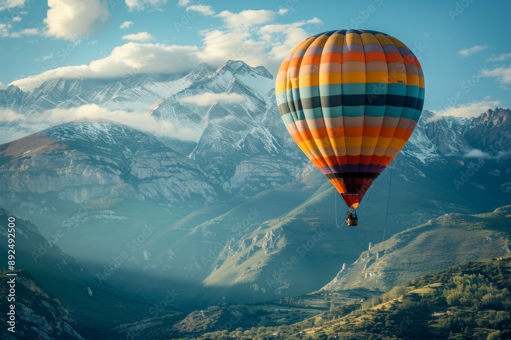 A colorful hot air balloon floats above a majestic mountain range A colorful hot air balloon floats above a majestic mountain range