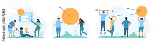 Hit bullseye business strategy set. Tiny people holding arrows to hit in center, research target accuracy and success opportunity for project, practice to reach goals cartoon vector illustration