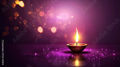 lit traditional diwali diya oil lamp on purple bokeh background festive lights hindu cultural celebration copy space for text